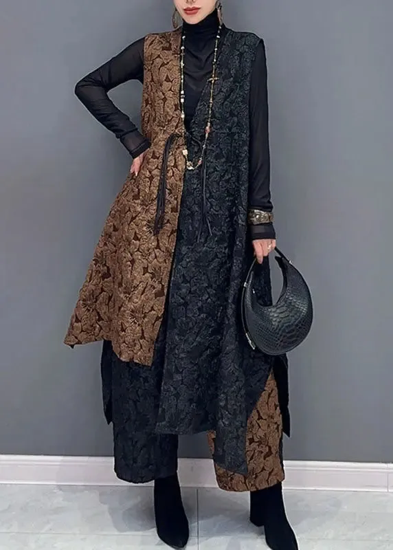 Classy Black Patchwork Brown V Neck Waistcoat And Wide Leg Pants Two Pieces Set Fall ML3165