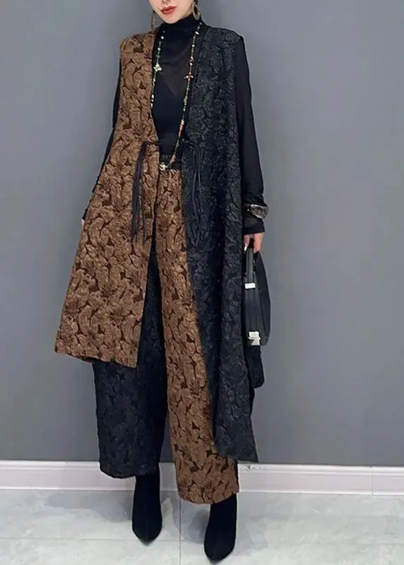 Classy Black Patchwork Brown V Neck Waistcoat And Wide Leg Pants Two Pieces Set Fall ML3165