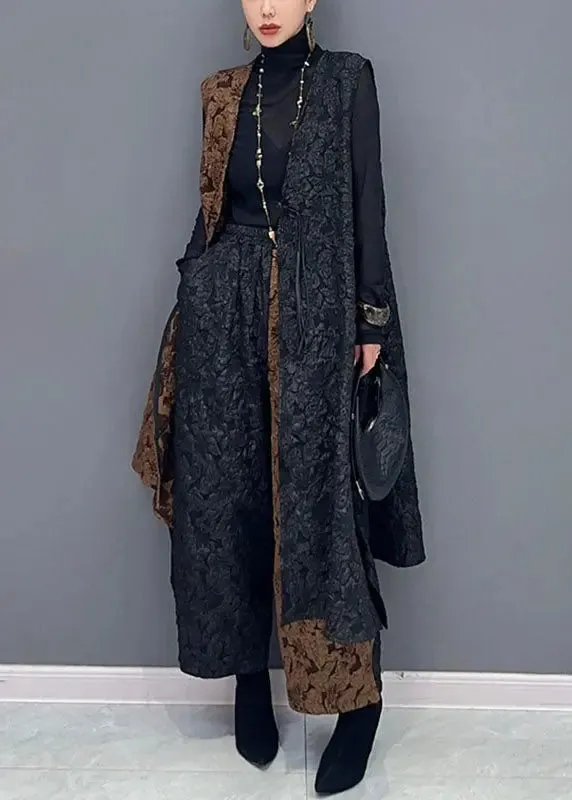 Classy Black Patchwork Brown V Neck Waistcoat And Wide Leg Pants Two Pieces Set Fall ML3165