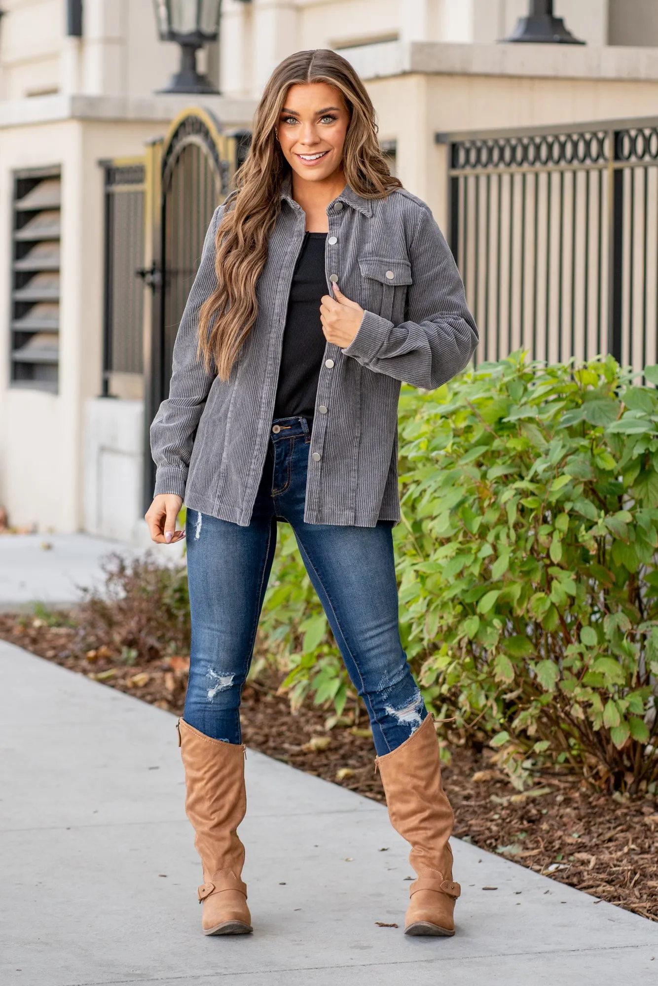 Corduroy Button Down Shacket - Charcoal