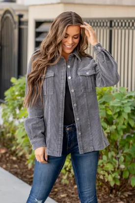 Corduroy Button Down Shacket - Charcoal