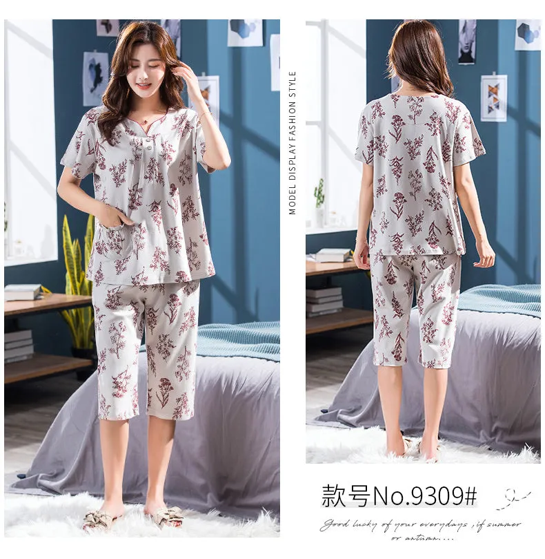 Cotton Pajamas Women Summer Short Sleeve Slack Baju Tidur Comfortable Floral Nightwear 4XL - S3546823