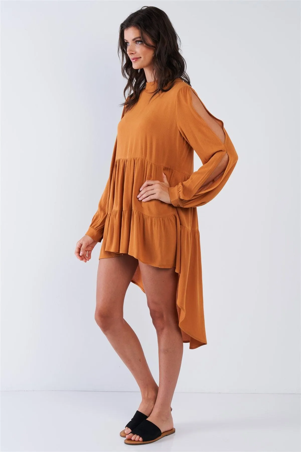 Deep Honey Long Cuffed Sleeve Cold Shoulder Teared High Low Keyhole Closure Dress /3-2-1