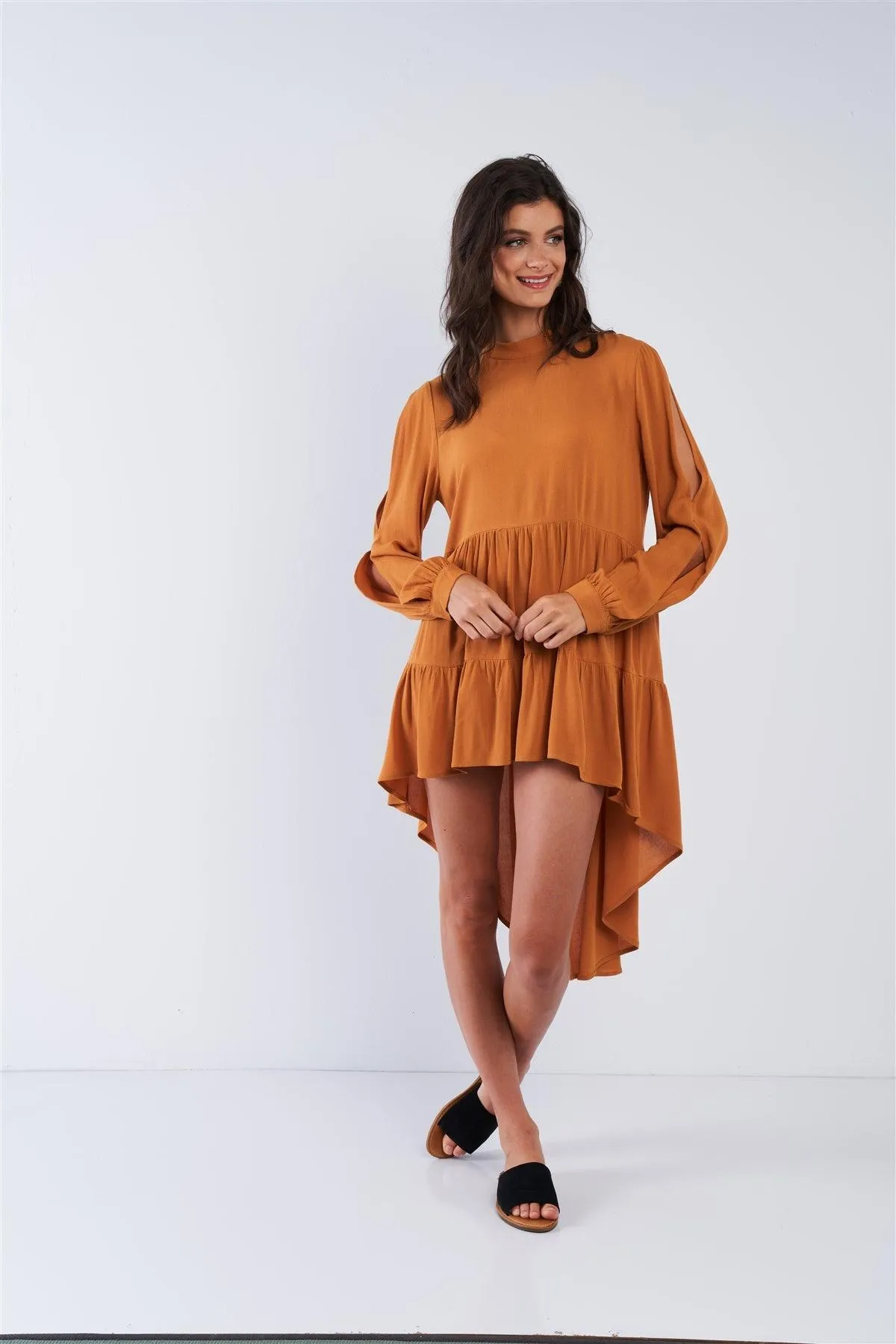 Deep Honey Long Cuffed Sleeve Cold Shoulder Teared High Low Keyhole Closure Dress /3-2-1