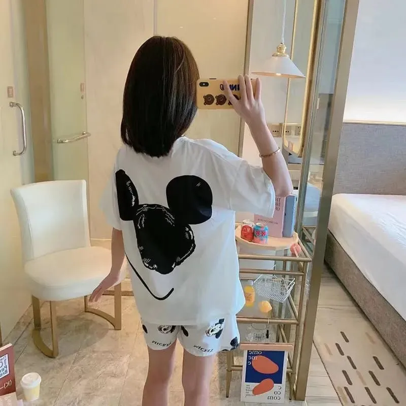 Disney Mickey White Women's Spring Summer Pajamas Set Three-piece Short Sleeve   Shorts   Trousers Soft And Comfortable Homewear L X4250045