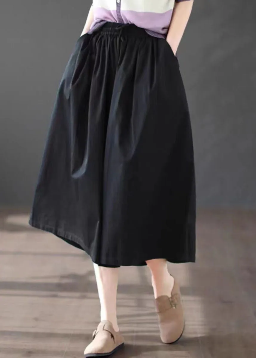 DIY Black Pockets Patchwork Cotton Wide Leg Crop Pants Summer LY3953