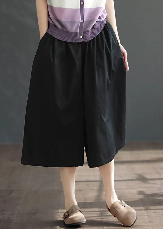 DIY Black Pockets Patchwork Cotton Wide Leg Crop Pants Summer LY3953