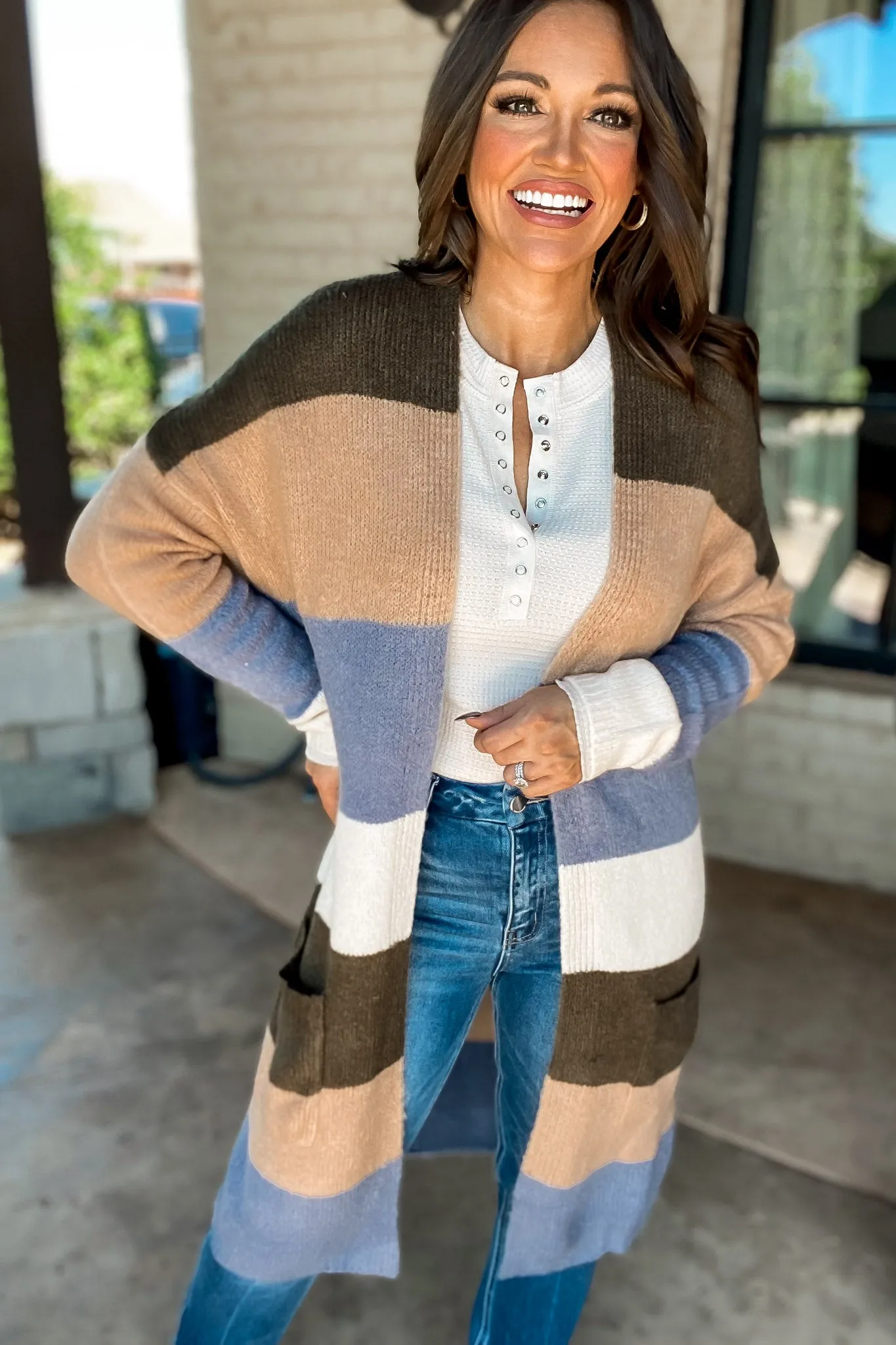 Every Aspect Olive And Khaki Long Sleeve Open Front Color Block Cardigan