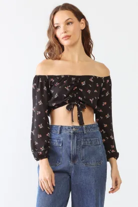 Floral Print Off-The-Shoulder Ruched Crop Top