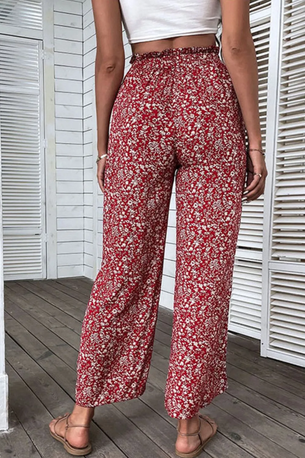 Floral Slit High Waist Wide Leg Pants