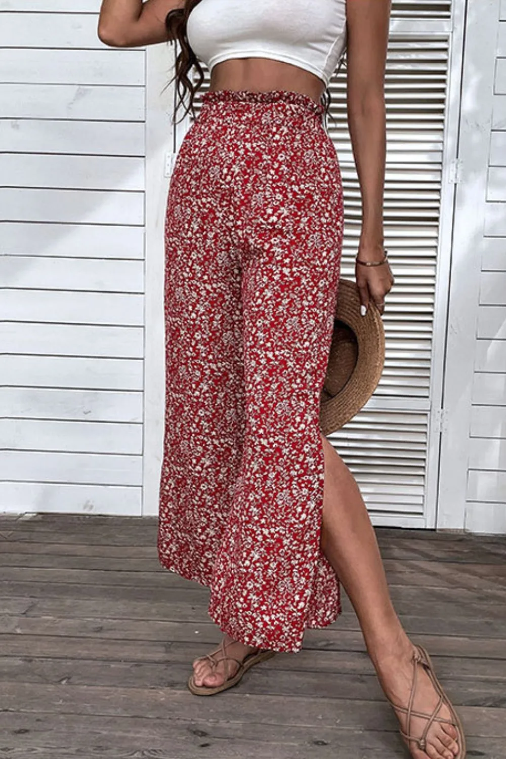 Floral Slit High Waist Wide Leg Pants