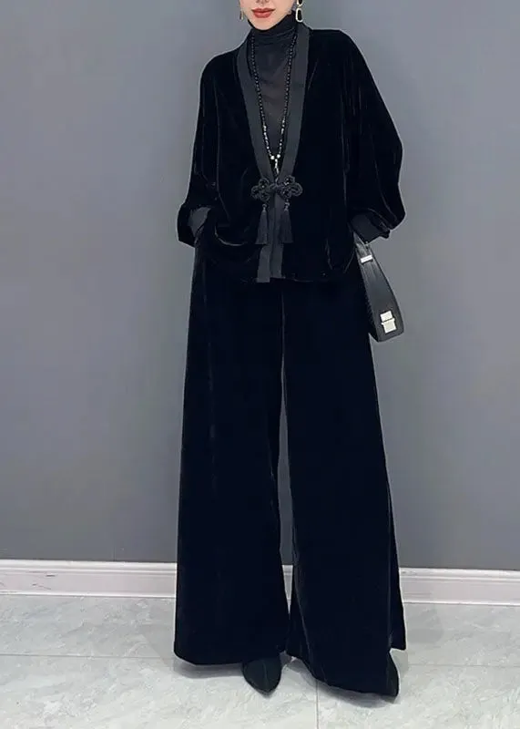 French Black V Neck Patchwork Button Silk Velour Coats And Wide Leg Pants Two Pieces Set Fall ML3115