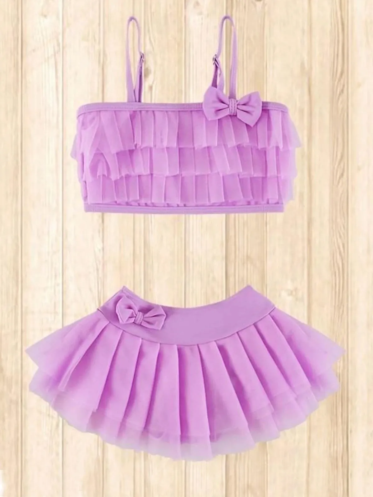 Girls Lilac Pleated Tulle Ruffled Two Piece Skirted Bikini