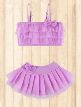 Girls Lilac Pleated Tulle Ruffled Two Piece Skirted Bikini