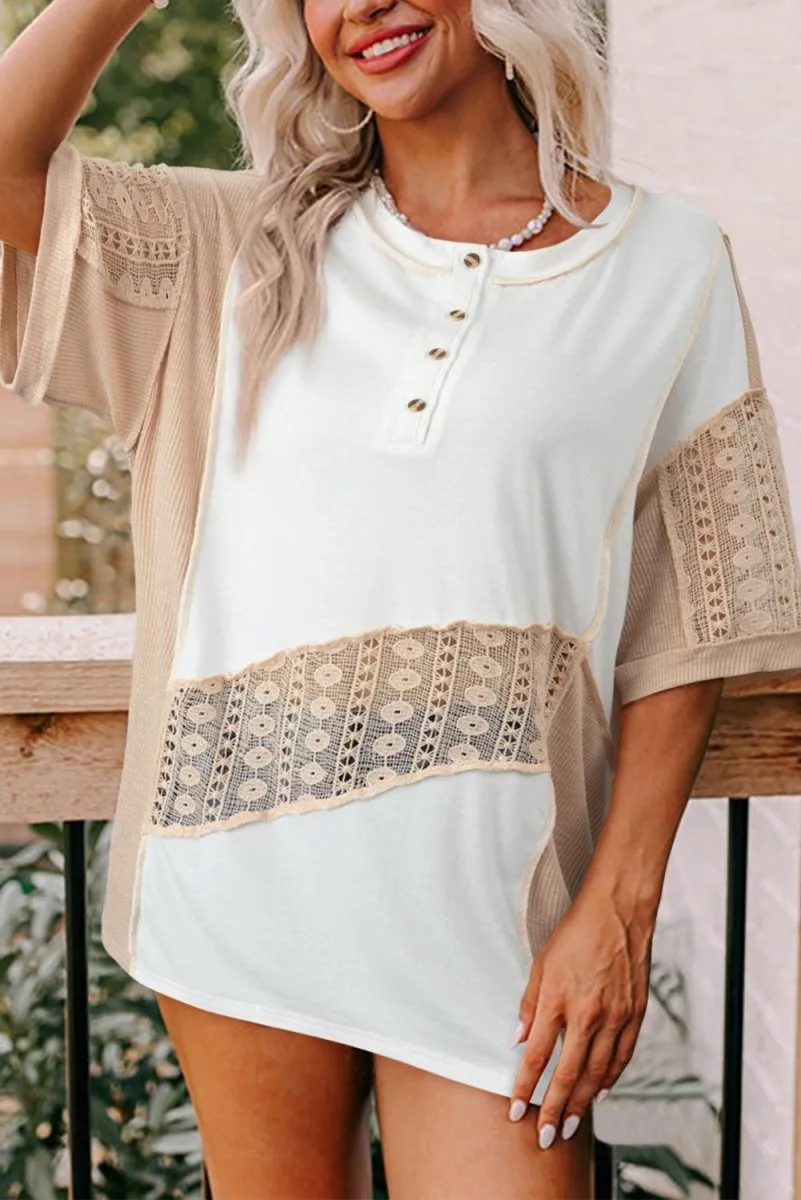 Henley White Lace Splicing Short Sleeve Top