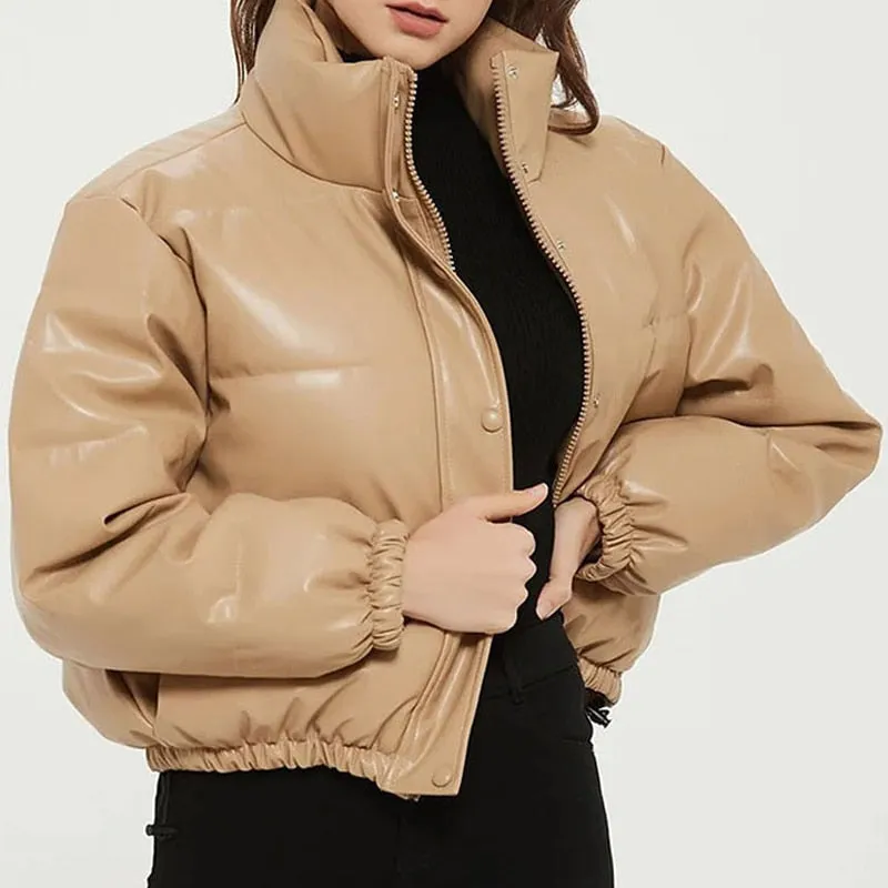 Hnzxzm Winter Thick Women Short Parkas Warm Fashion PU Leather Coats Black Cotton Padded Female Down Jacket Elegant Zipper Clothes