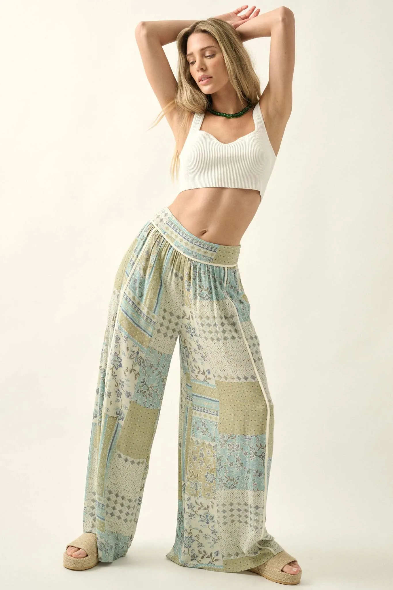 Inner Harmony Floral Patchwork-Print Wide-Leg Pants