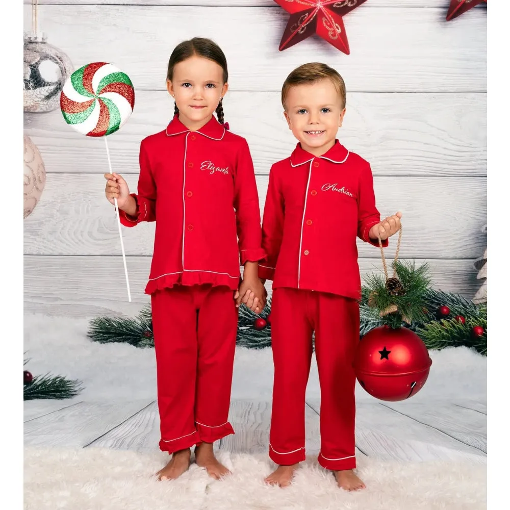 Kids Christmas Cotton Red Ruffled Pajamas for Christmas Eve with names - Alfresco