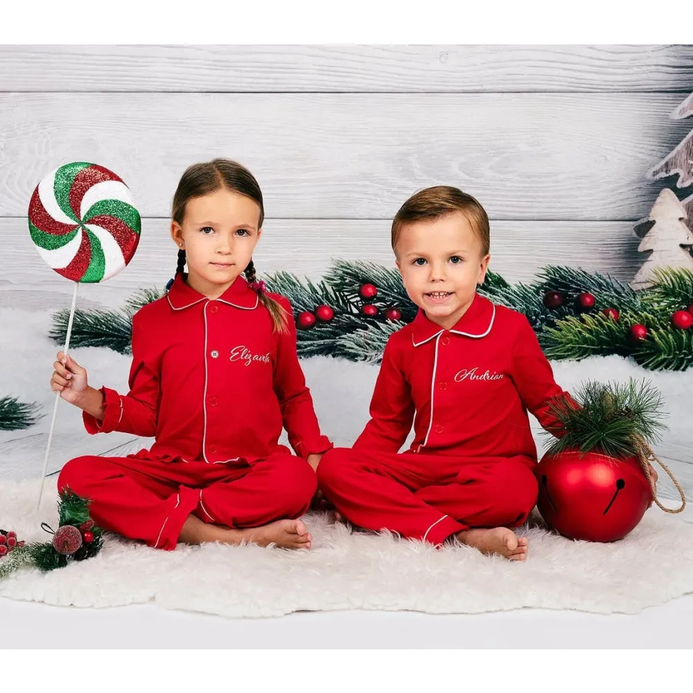 Kids Christmas Cotton Red Ruffled Pajamas for Christmas Eve with names - Alfresco