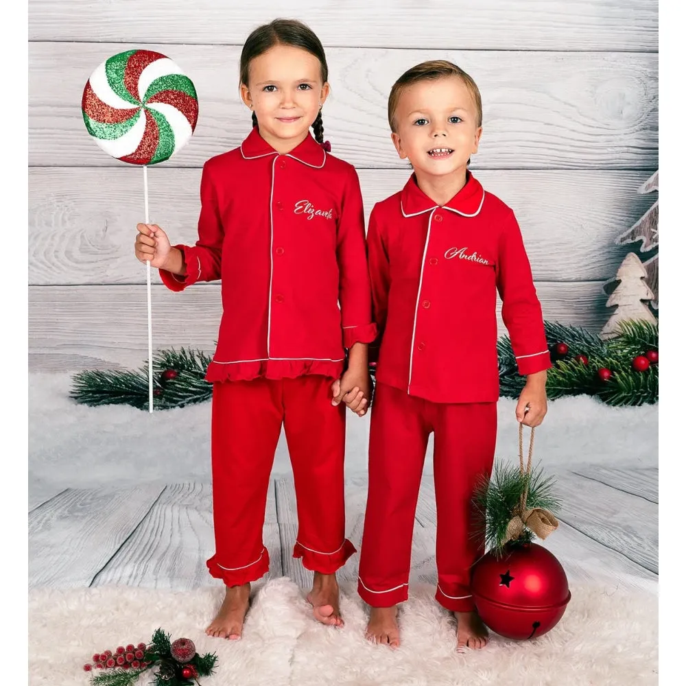 Kids Christmas Cotton Red Ruffled Pajamas for Christmas Eve with names - Alfresco