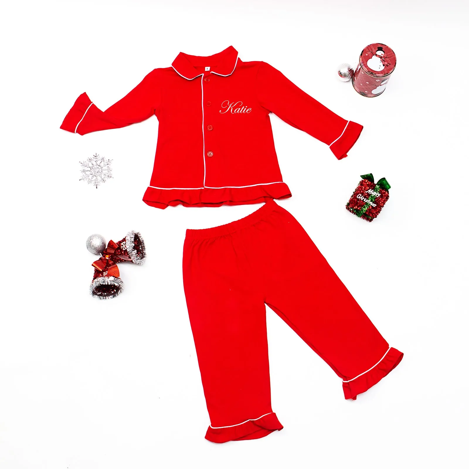 Kids Christmas Cotton Red Ruffled Pajamas for Christmas Eve with names - Alfresco