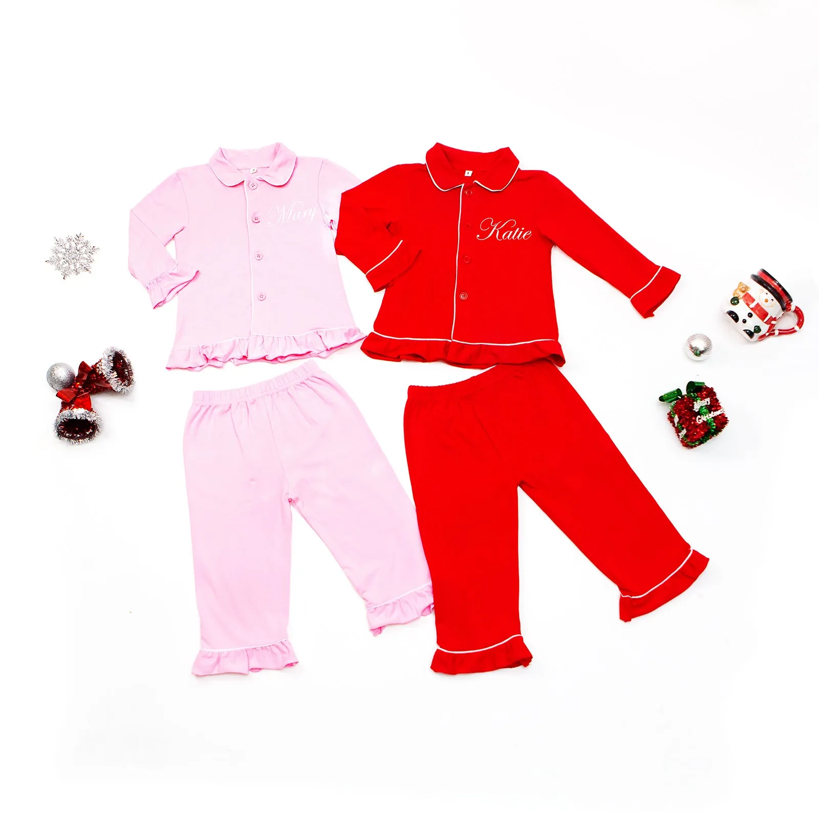 Kids Christmas Cotton Red Ruffled Pajamas for Christmas Eve with names - Alfresco