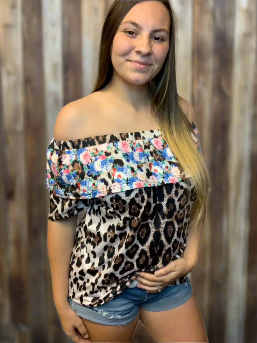 Leopard & Floral Off The Shoulder Top