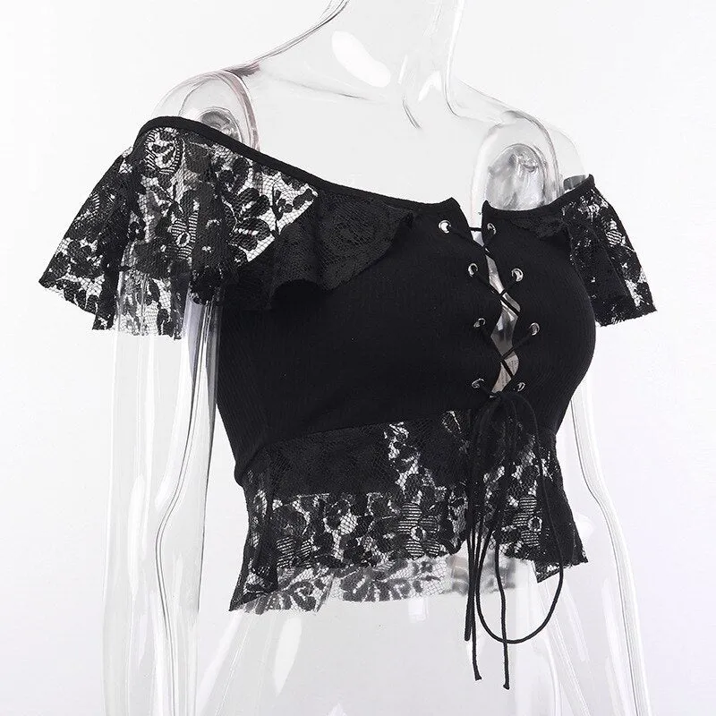 'Mad Hatter' Black Alt Lace off the Shoulder Top