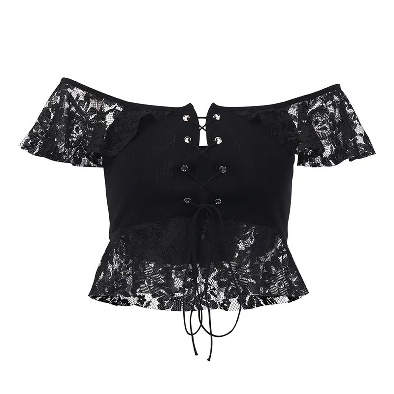 'Mad Hatter' Black Alt Lace off the Shoulder Top