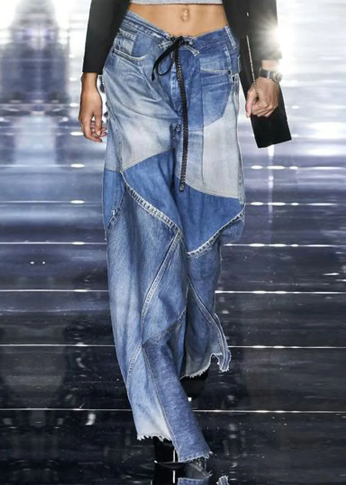 Modern Blue Pockets Patchwork Denim Wide Leg Pants Spring LY3948