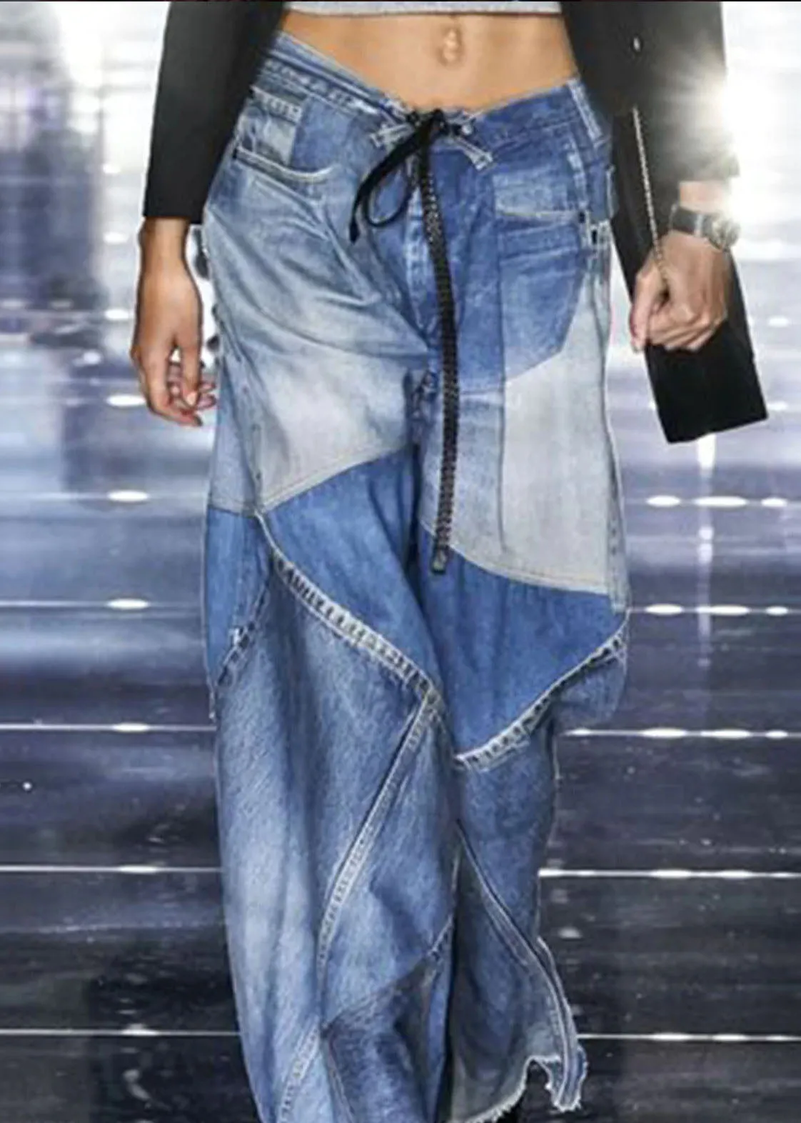 Modern Blue Pockets Patchwork Denim Wide Leg Pants Spring LY3948