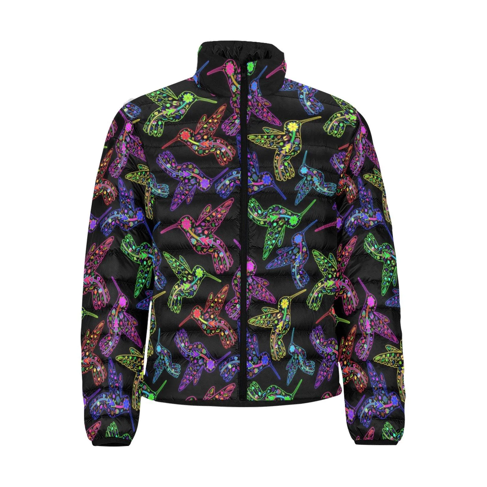 Neon Floral Hummingbirds Men's Stand Collar Padded Jacket