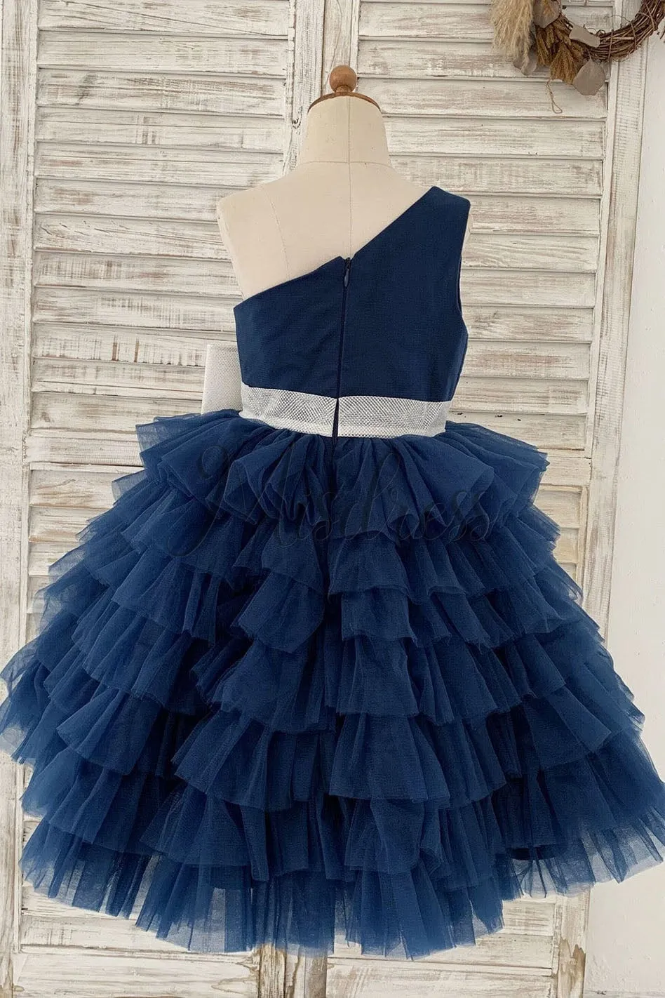 One Shoulder Navy Blue Cupcake Tulle Wedding Flower Girl Dress Kids Party Dress