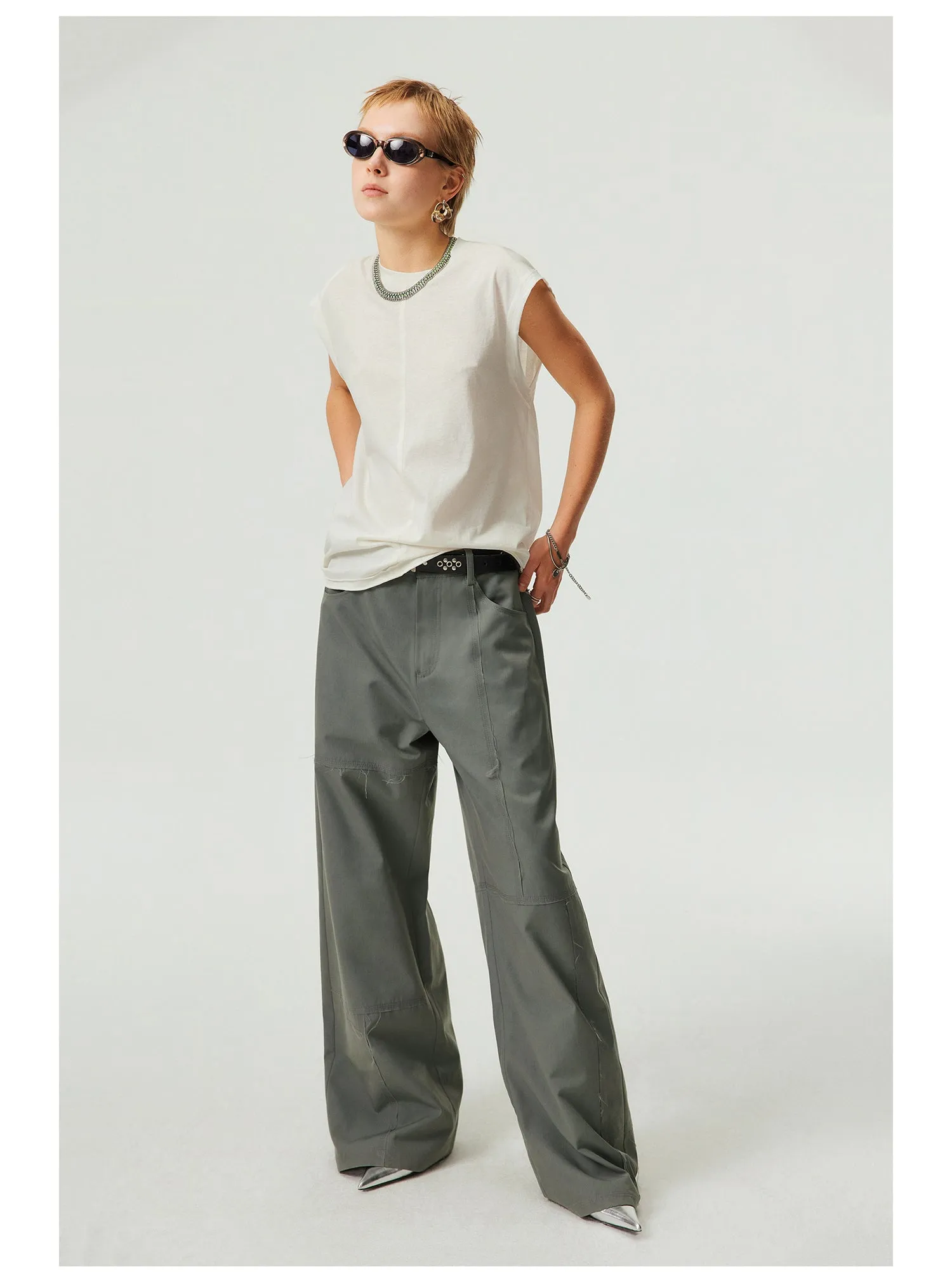 Patchwork Irregular Cut Wide Leg Casual Pants