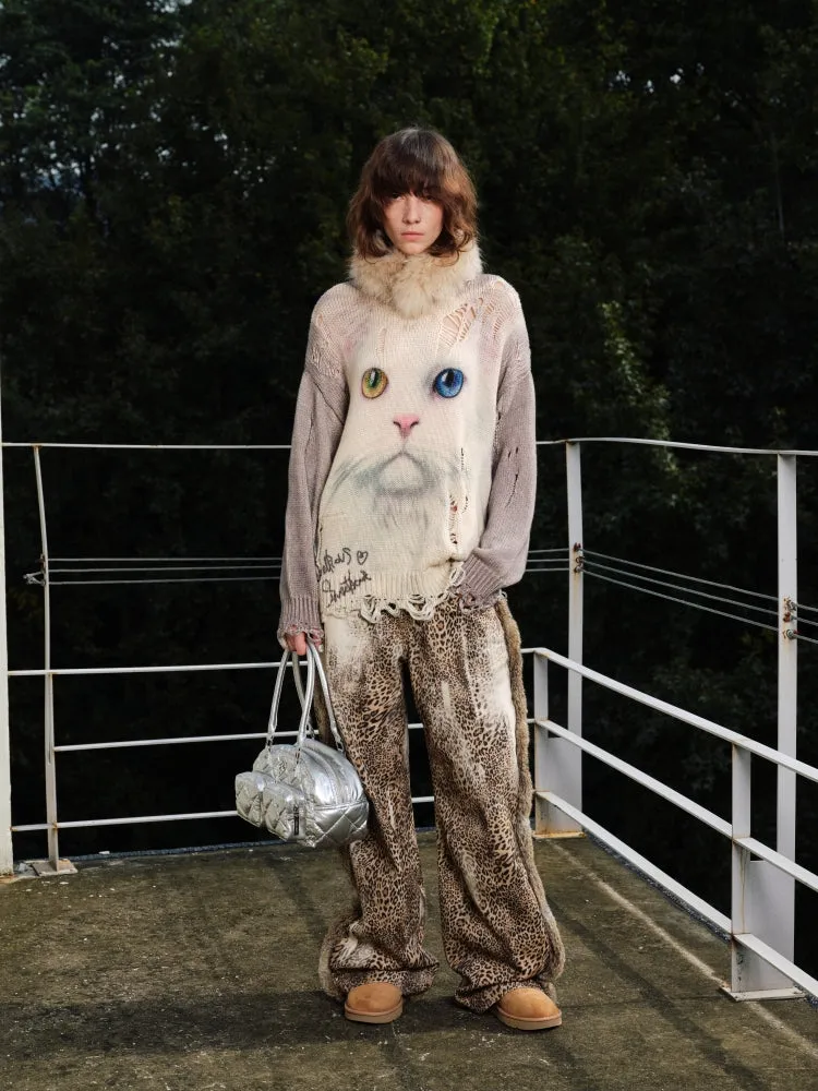 Patchwork Rabbit Fur Leopard Wide-Leg Pants