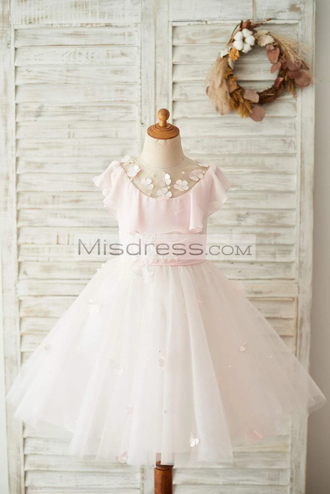 Pink Chiffon Tulle Sheer Neck Knee Length Wedding Flower Girl Dress, Frills