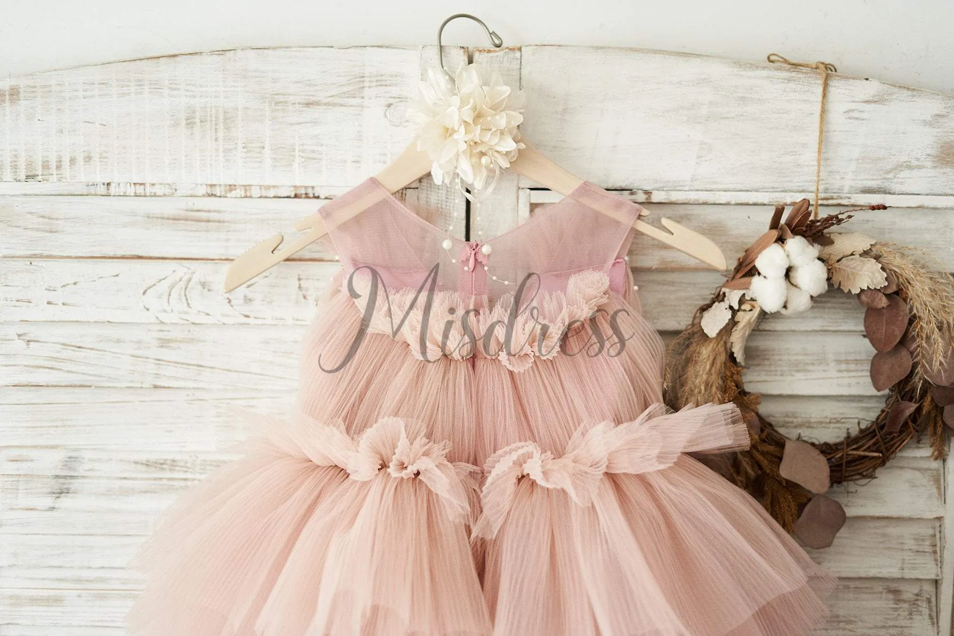 Princess Mauve Tulle V Neck Wedding Flower Girl Dress, Beading