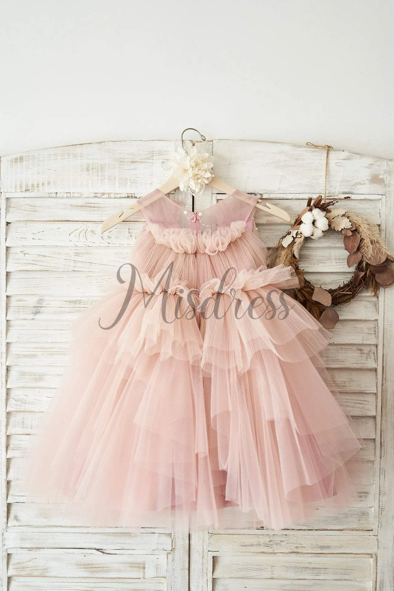 Princess Mauve Tulle V Neck Wedding Flower Girl Dress, Beading