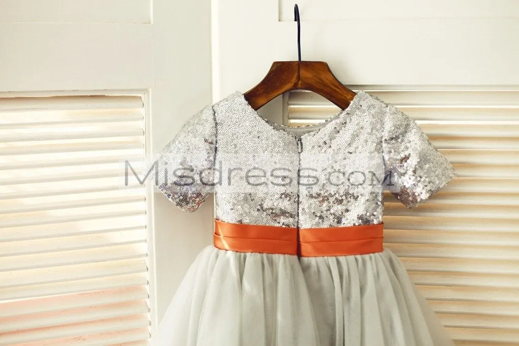 Princess Short Sleeves Silver Sequin Gray Tulle Wedding Flower Girl Dress