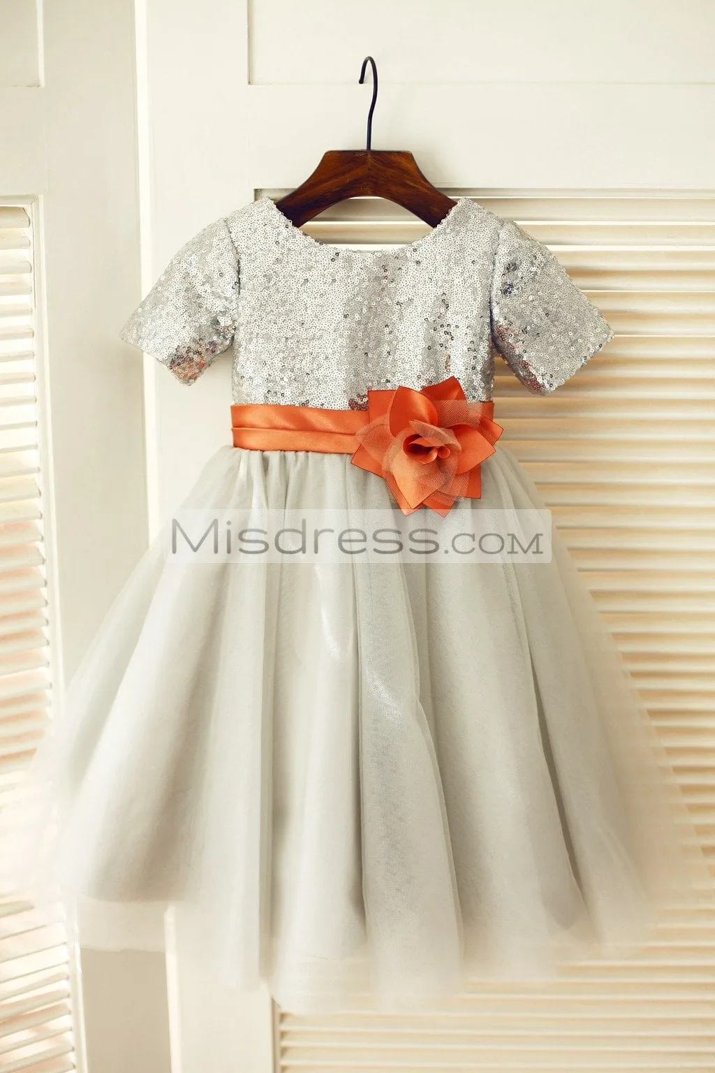 Princess Short Sleeves Silver Sequin Gray Tulle Wedding Flower Girl Dress