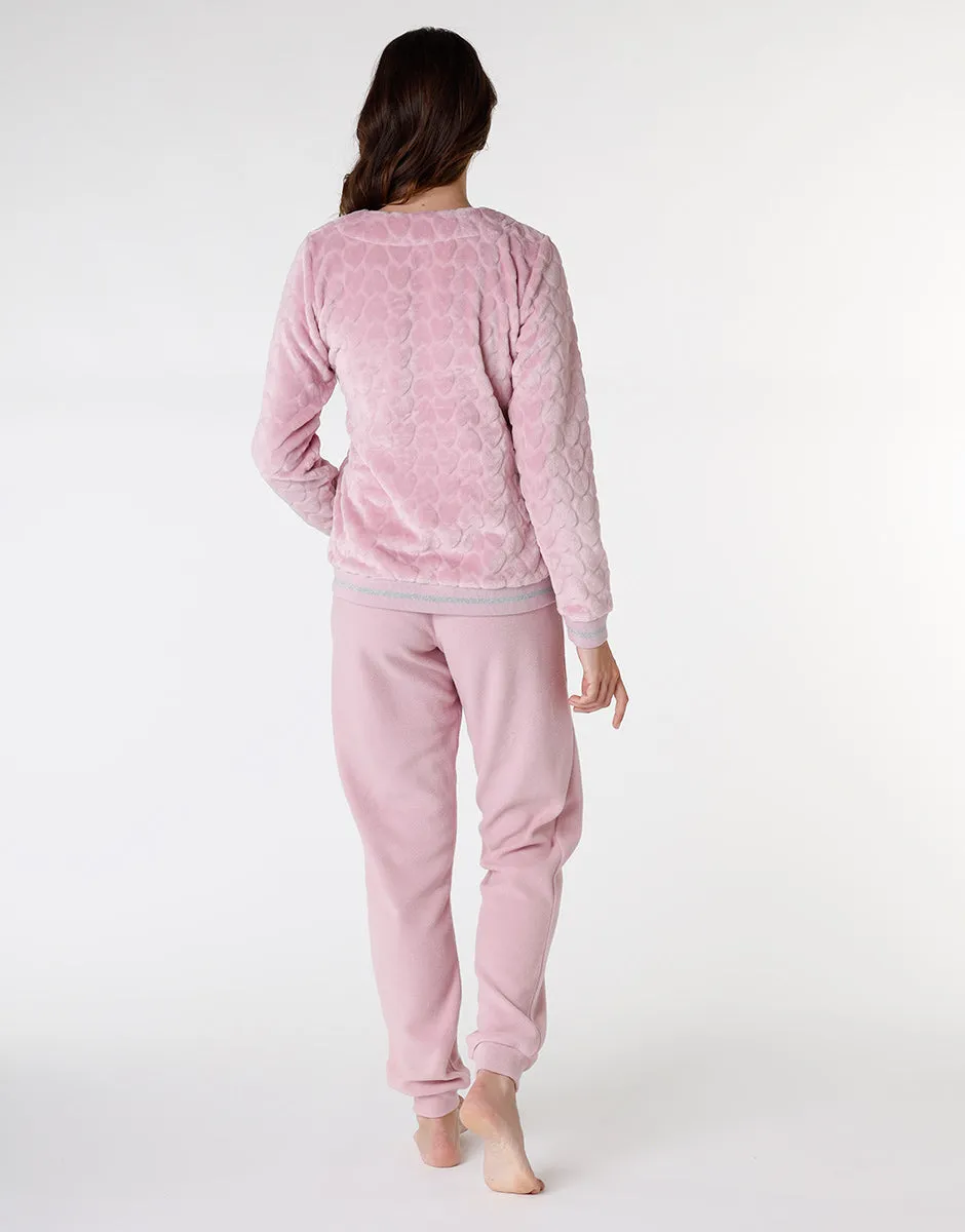 Pyjama femme en polaire, rose poudré