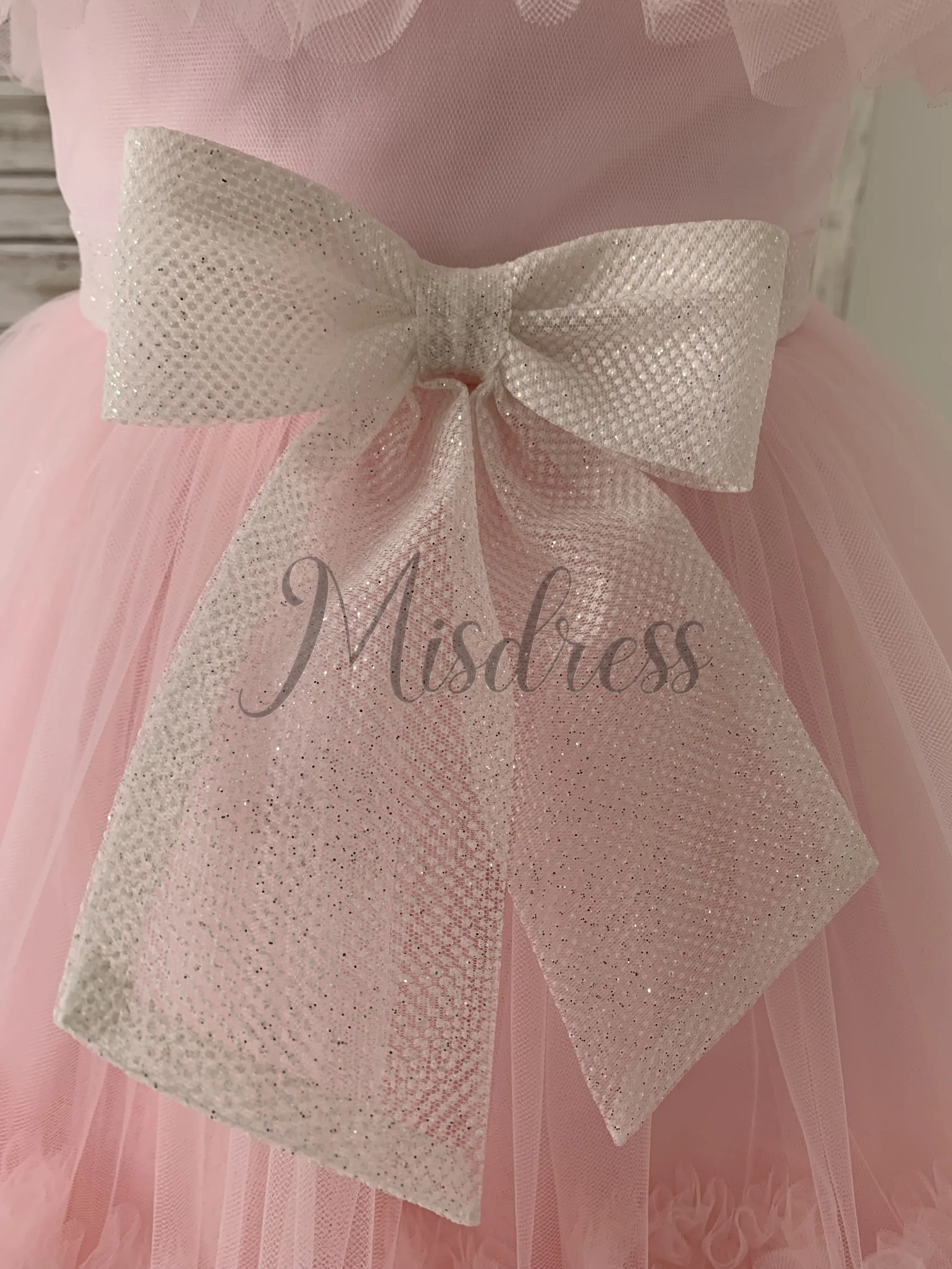 Sheer Neck Pink Ruffles Tulle Wedding Flower Girl Dress Kids Party, Glittering Bow