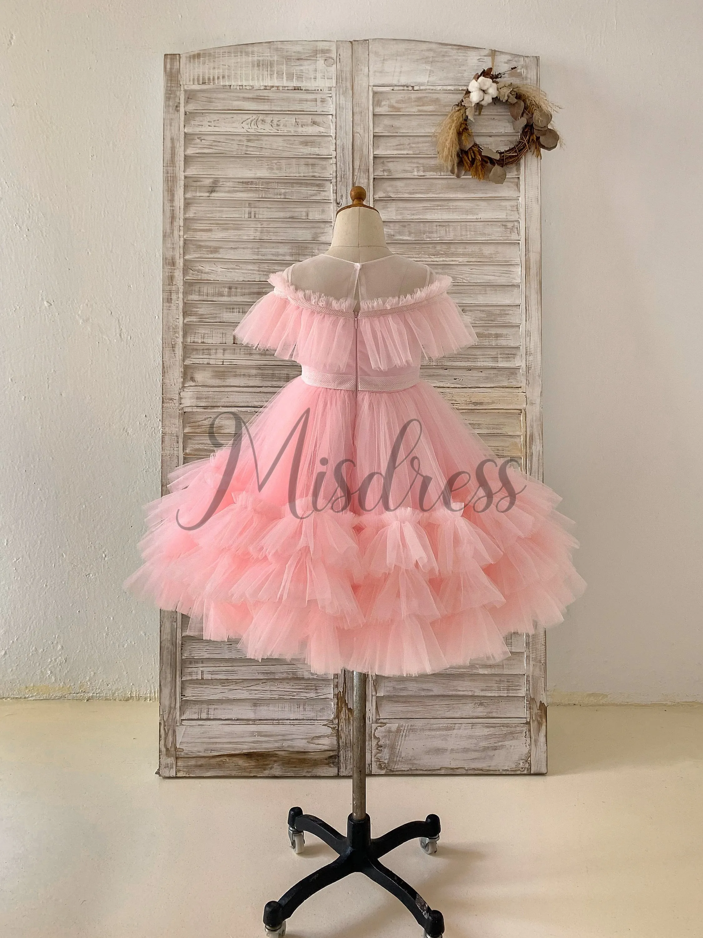 Sheer Neck Pink Ruffles Tulle Wedding Flower Girl Dress Kids Party, Glittering Bow