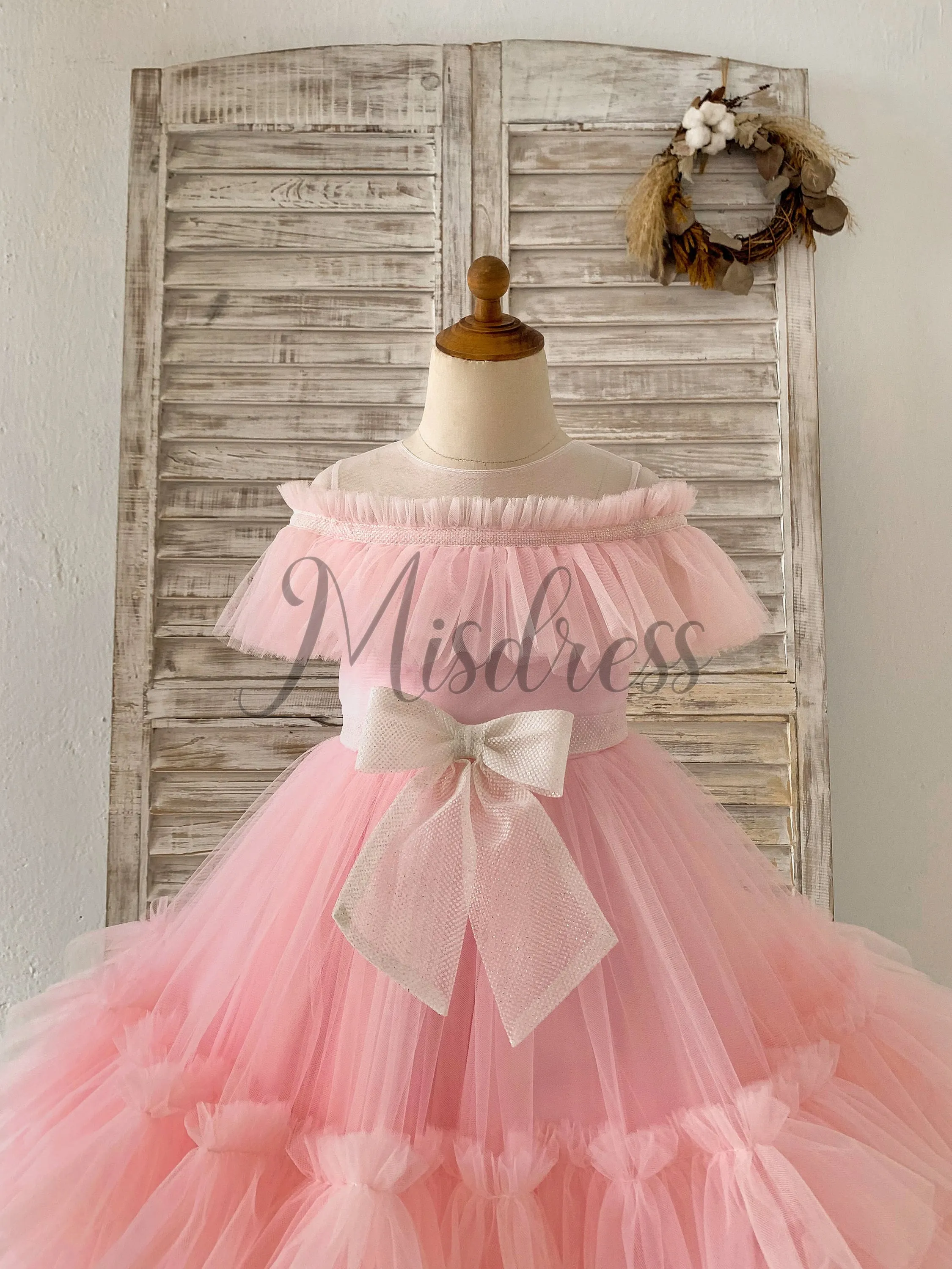 Sheer Neck Pink Ruffles Tulle Wedding Flower Girl Dress Kids Party, Glittering Bow