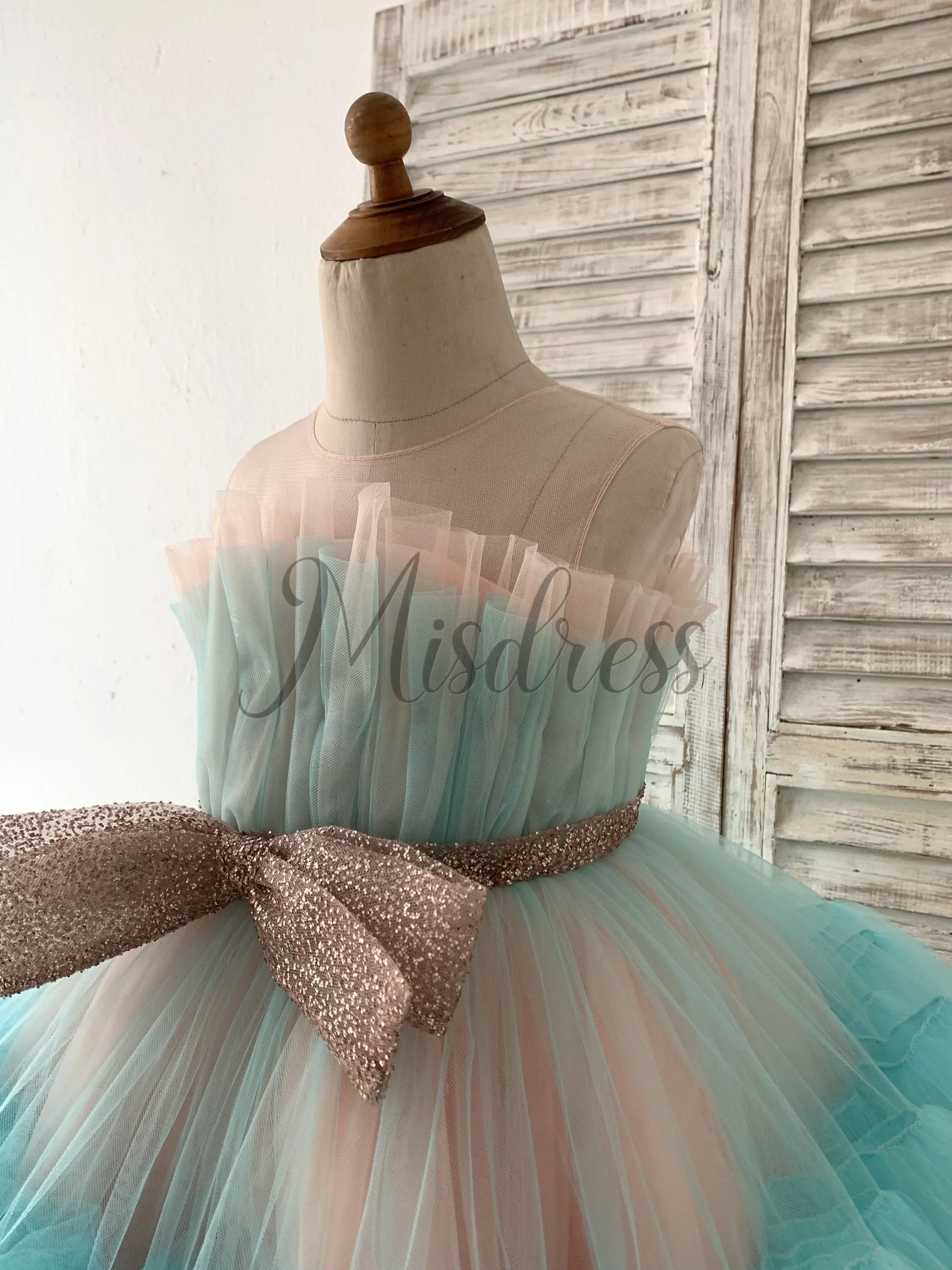 Sheer Neck Pink Teal Tulle Ruffles Wedding Flower Girl Dress Kids Occasion Dress