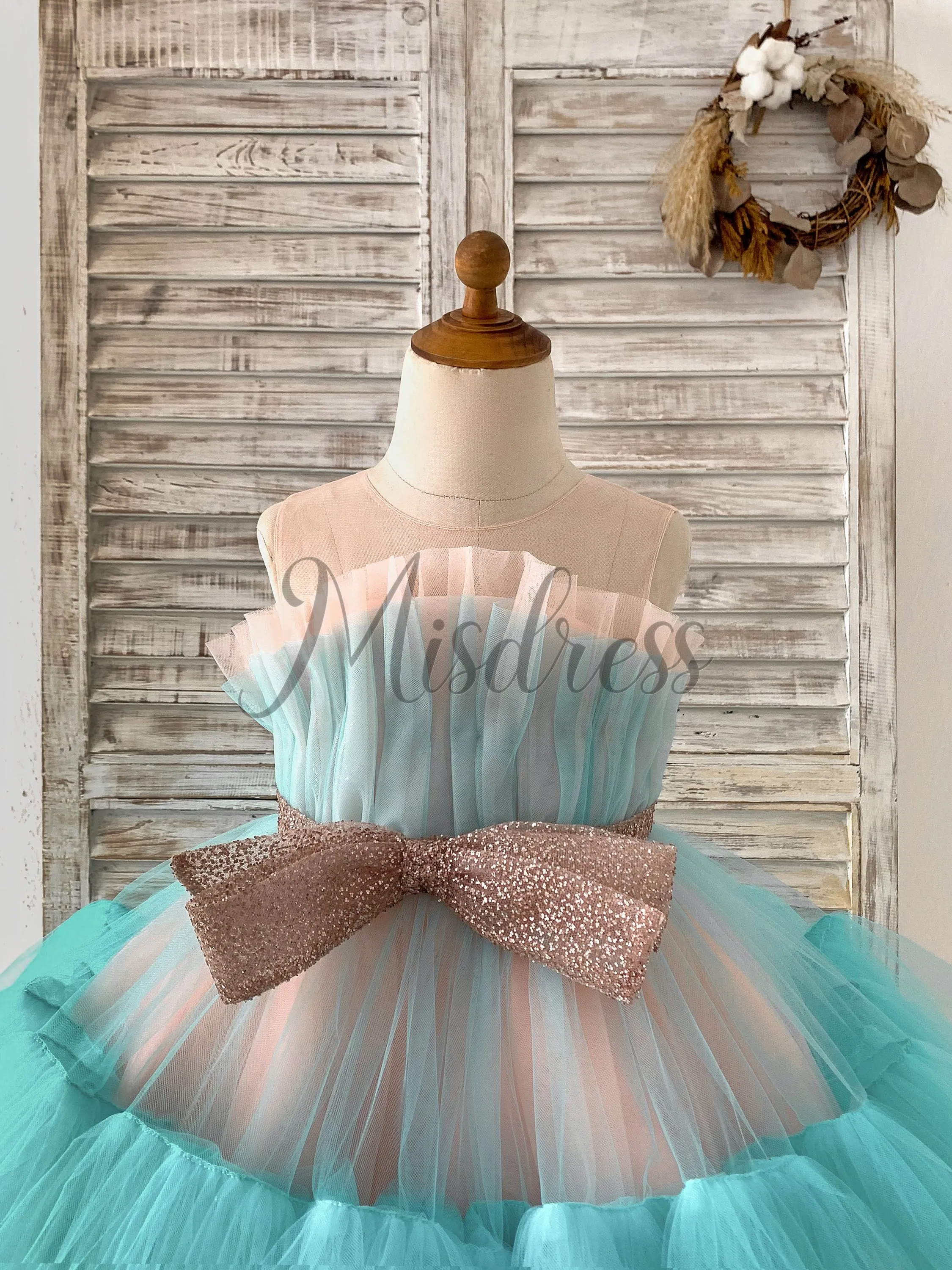 Sheer Neck Pink Teal Tulle Ruffles Wedding Flower Girl Dress Kids Occasion Dress