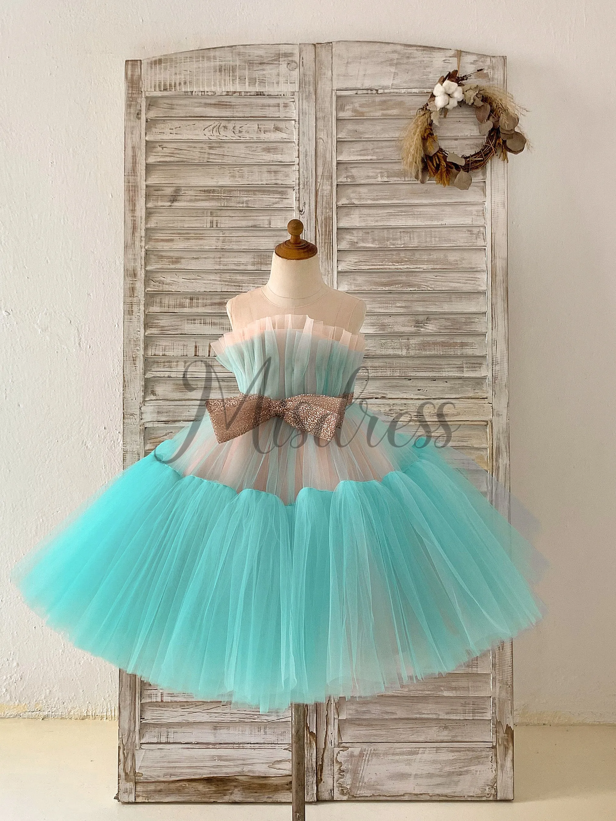 Sheer Neck Pink Teal Tulle Ruffles Wedding Flower Girl Dress Kids Occasion Dress