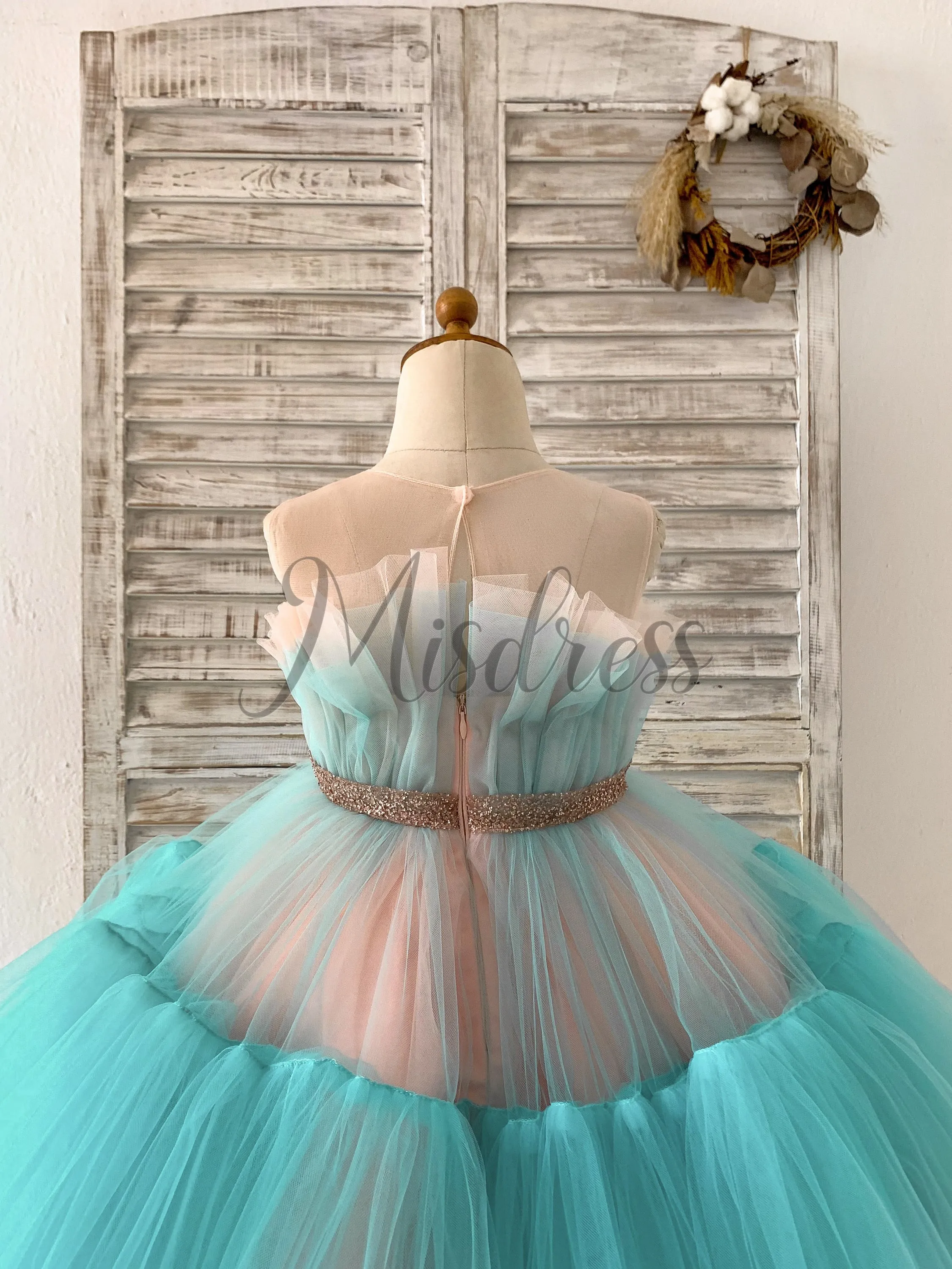 Sheer Neck Pink Teal Tulle Ruffles Wedding Flower Girl Dress Kids Occasion Dress