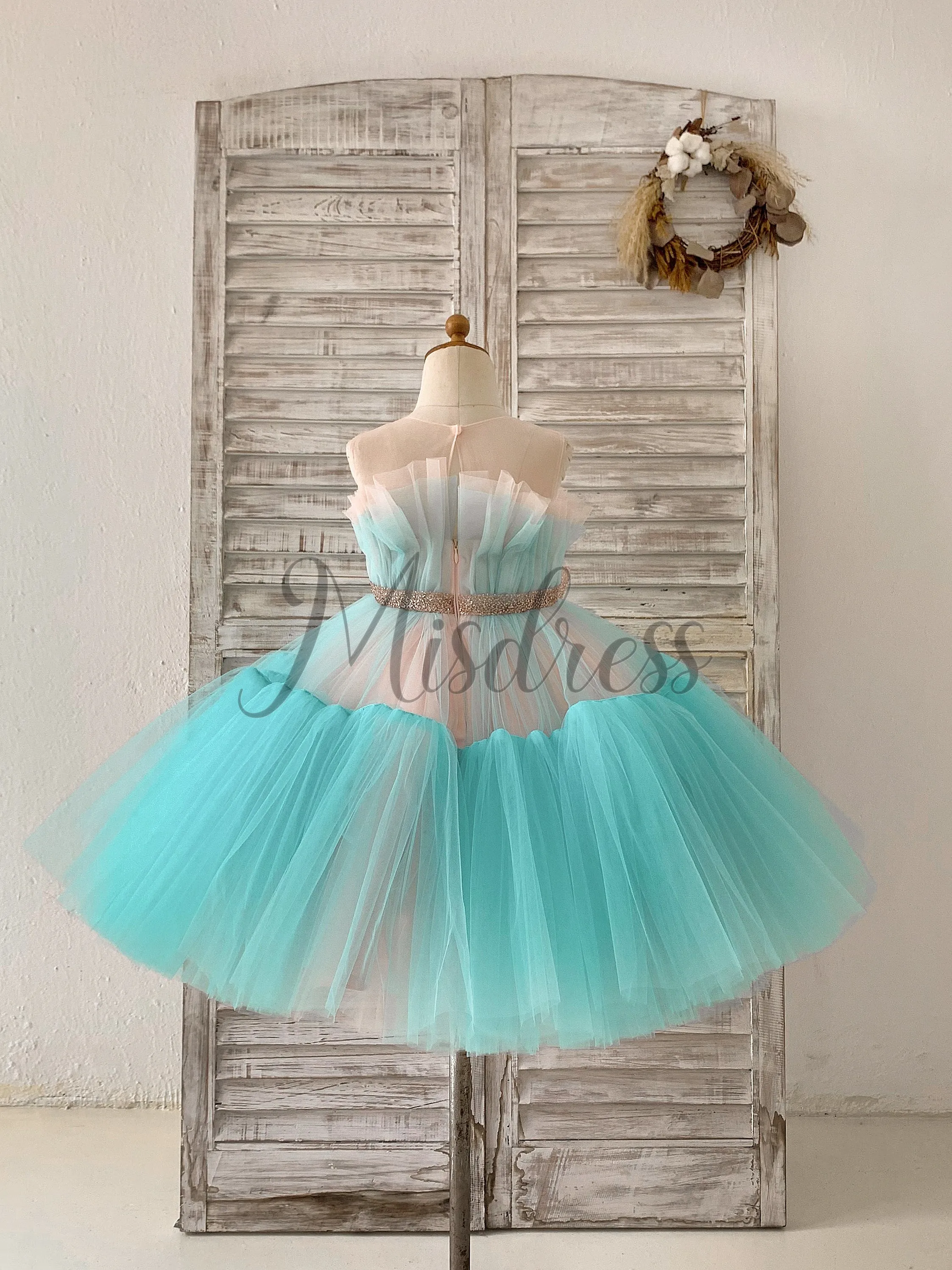 Sheer Neck Pink Teal Tulle Ruffles Wedding Flower Girl Dress Kids Occasion Dress