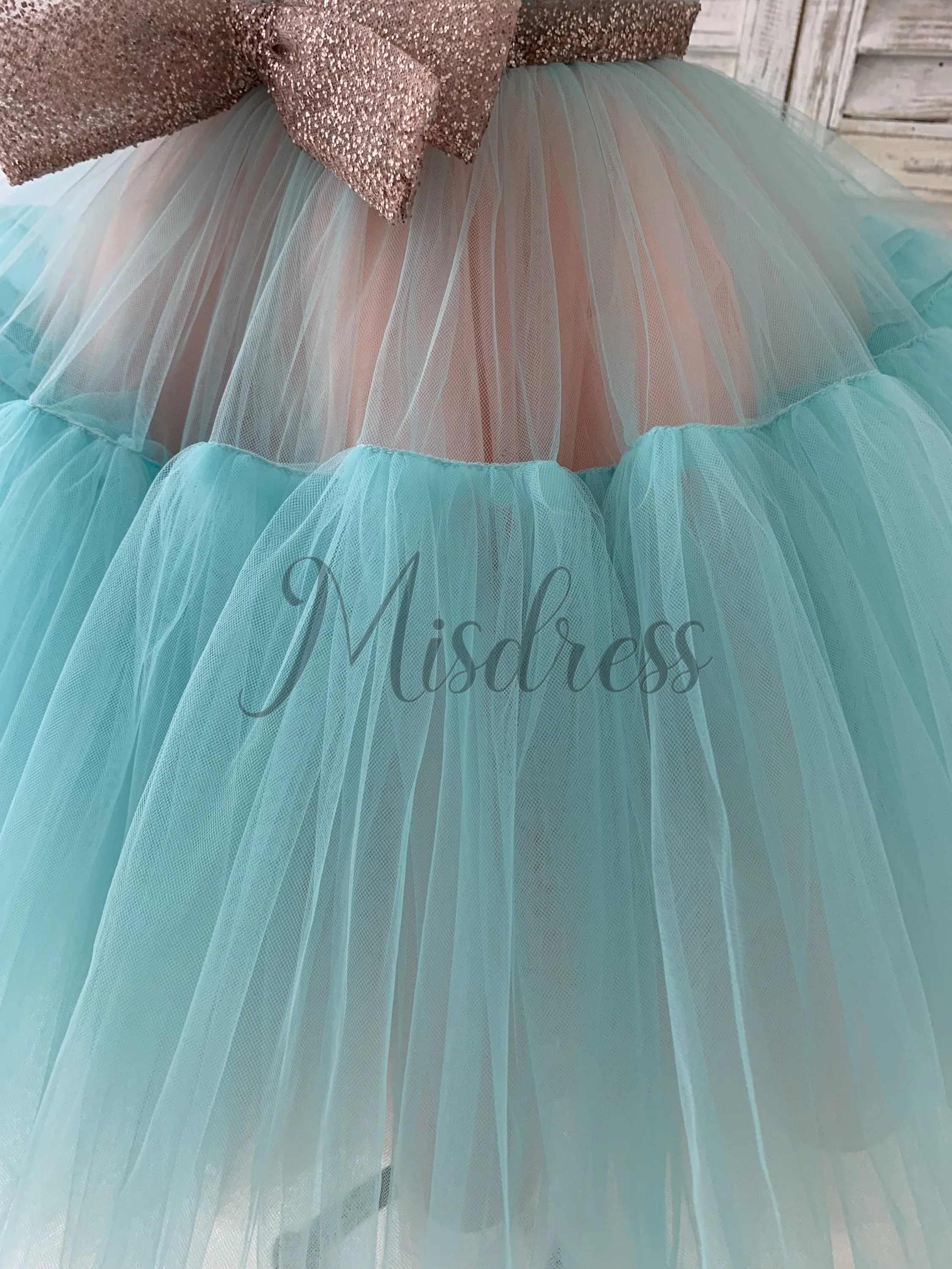 Sheer Neck Pink Teal Tulle Ruffles Wedding Flower Girl Dress Kids Occasion Dress